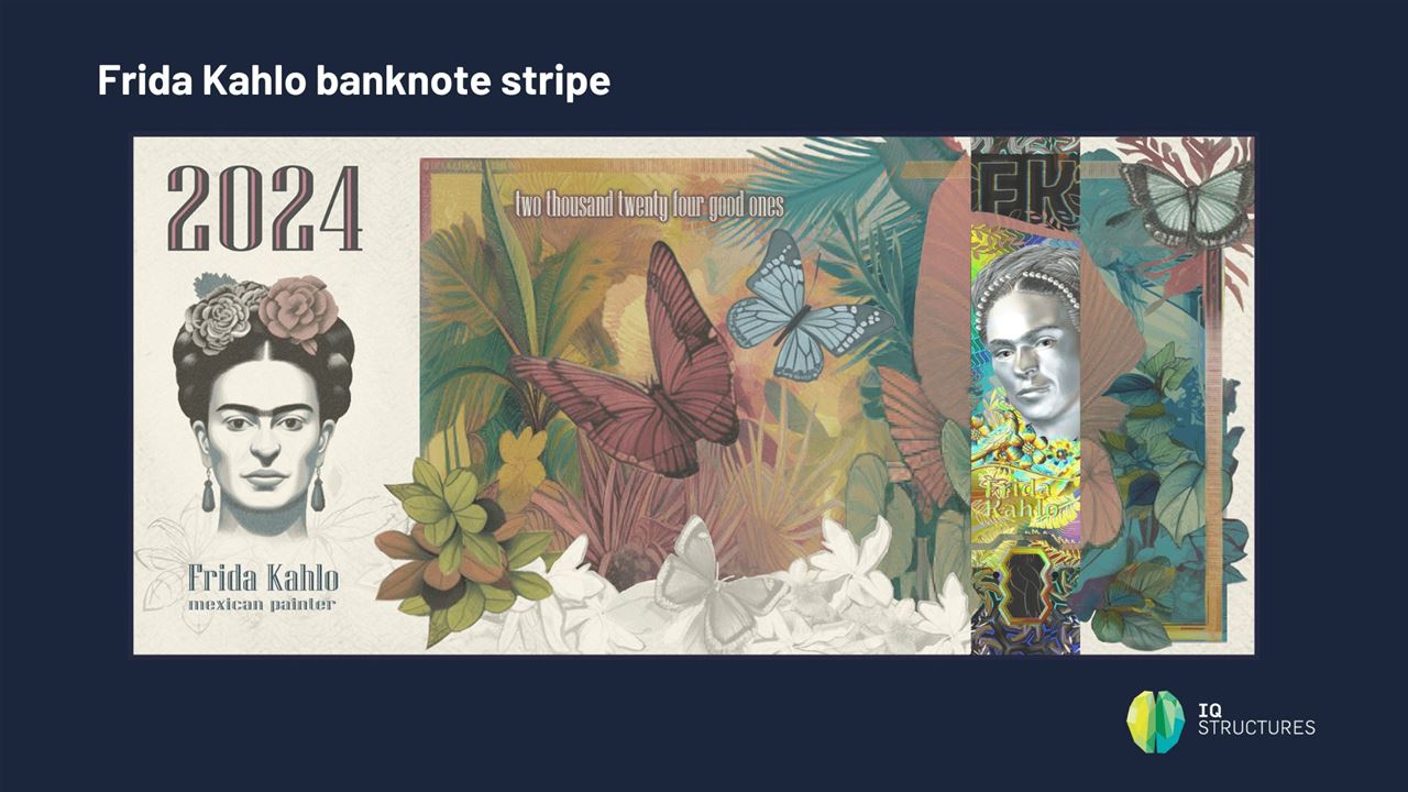 Frida Kahlo banknote stripe supported with AI